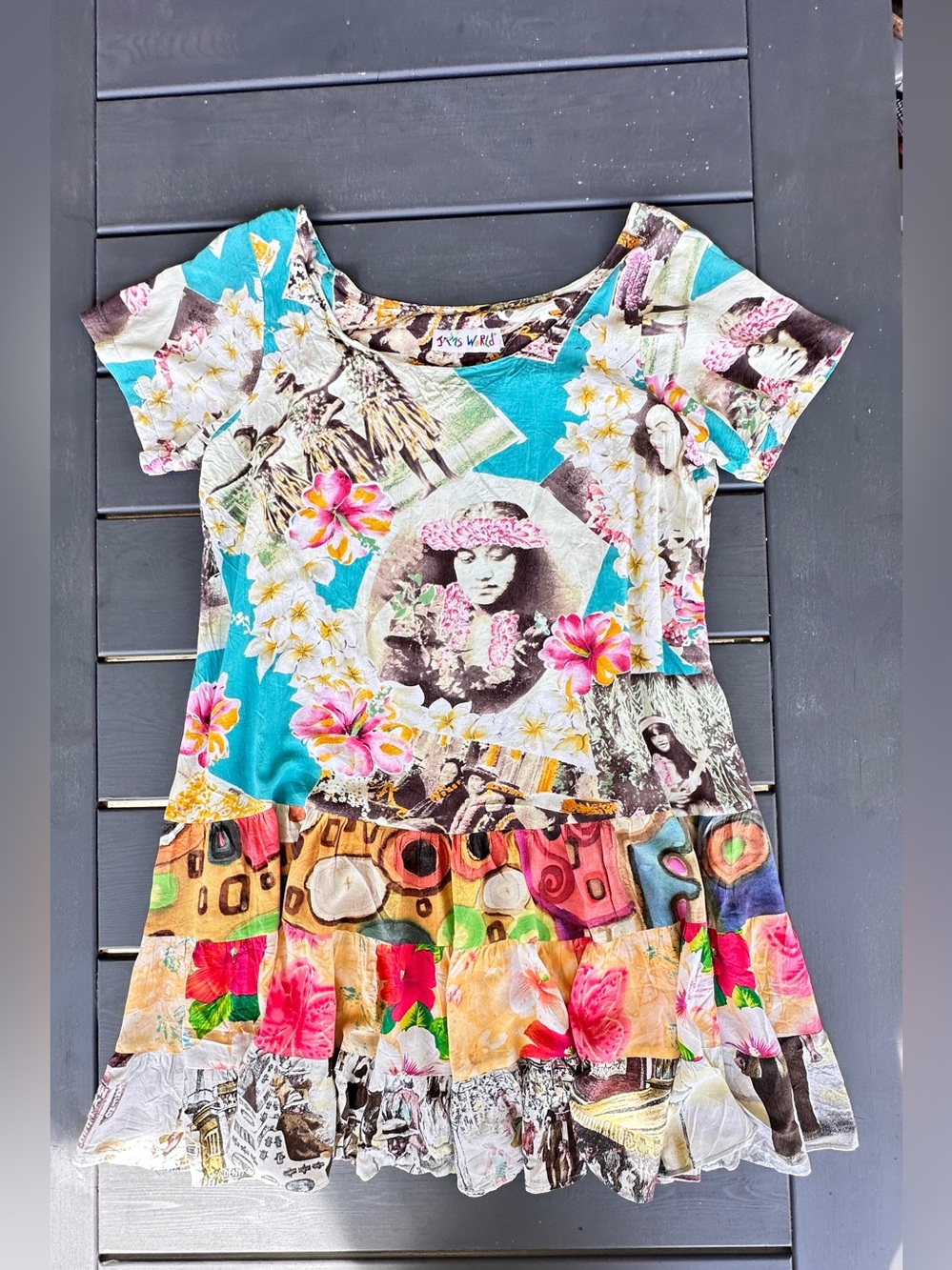 Vintage 90s Jams World Hattie Dress XL Rayon Patchwork Floral Drop Waist Mini